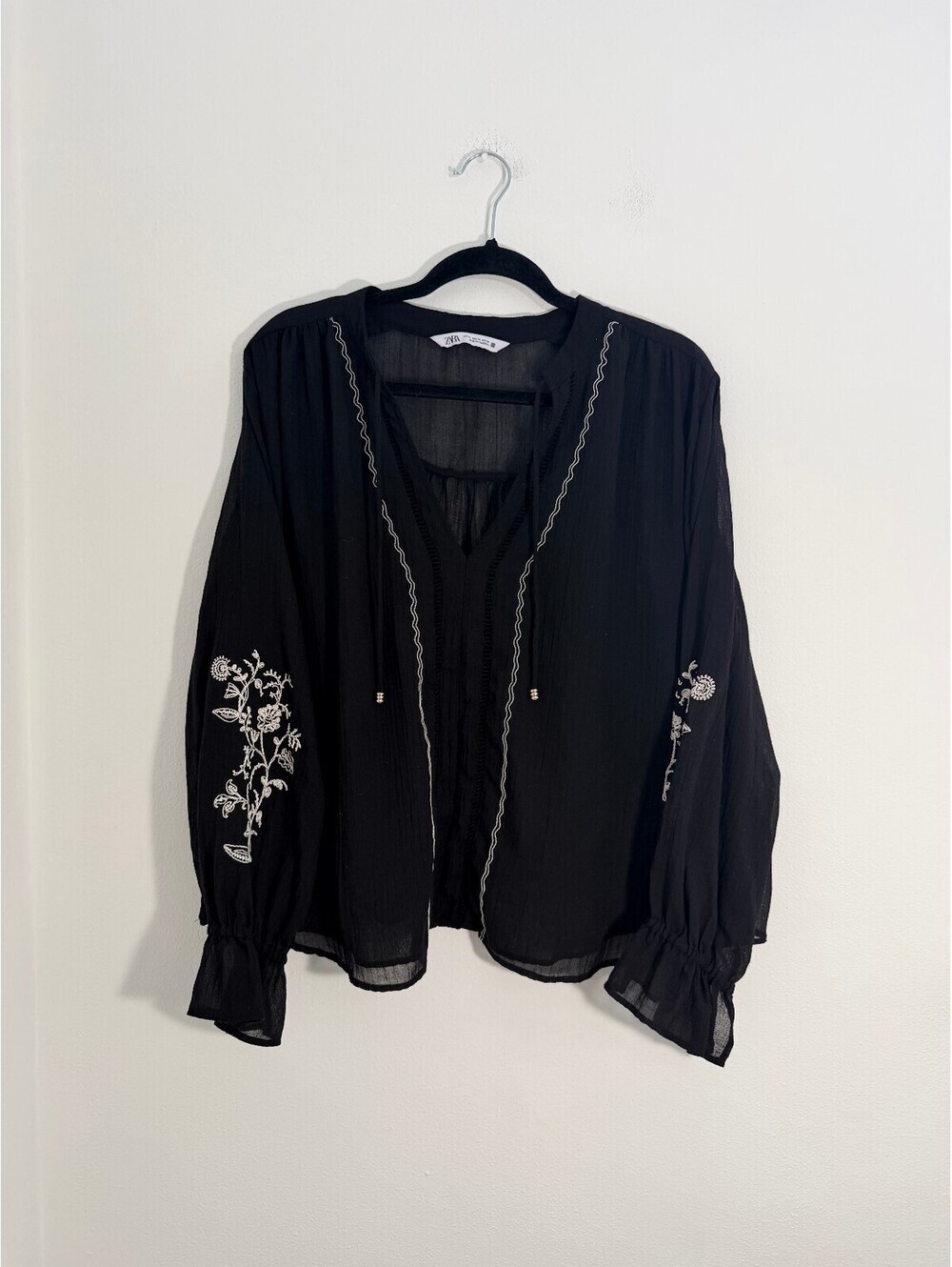 Zara Black Embroidered Peasant Blouse XL Sheer Boho Floral Balloon Sleeve Tie